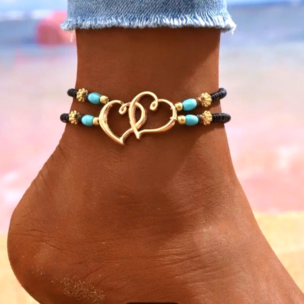 Lovely Double Hearts Ankle Bracelet Tiny Beads Black/Silver/Turquoise NWT